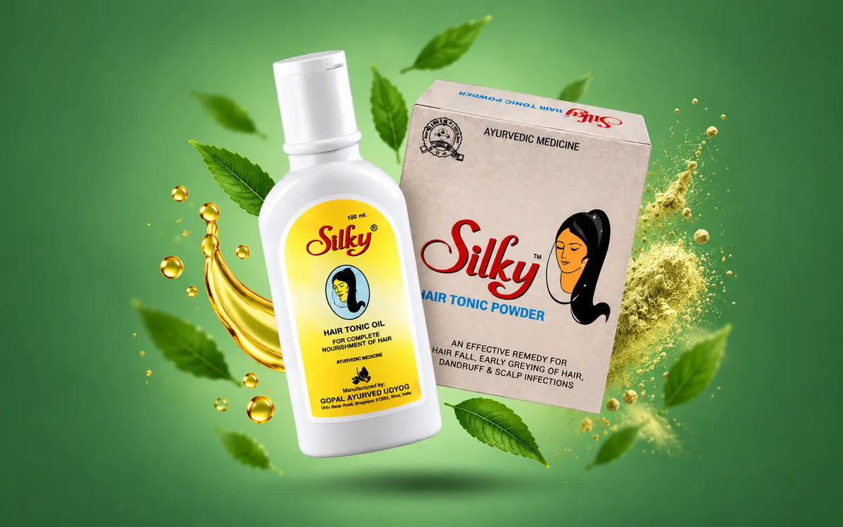 Silky Hair Care Oil and Silky Hair Tonic Powder with herbal leaves