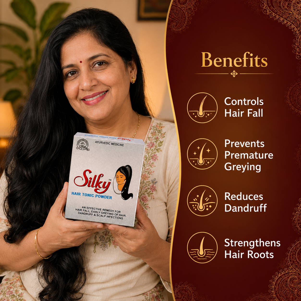 Silky Hair Tonic Powder - Benefits: controls hair fall, prevents premature greying, reduces dandruff, strengthens hair roots