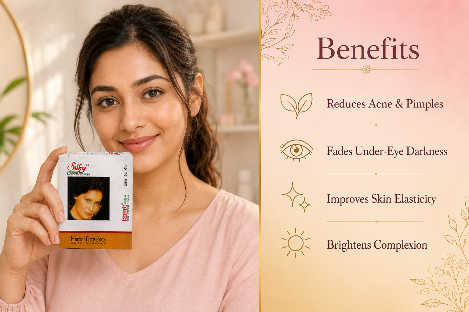 Woman holding Silky Face Tonic Powder box with Benefits panel showing acne reduction, under-eye brightening, elasticity and glow