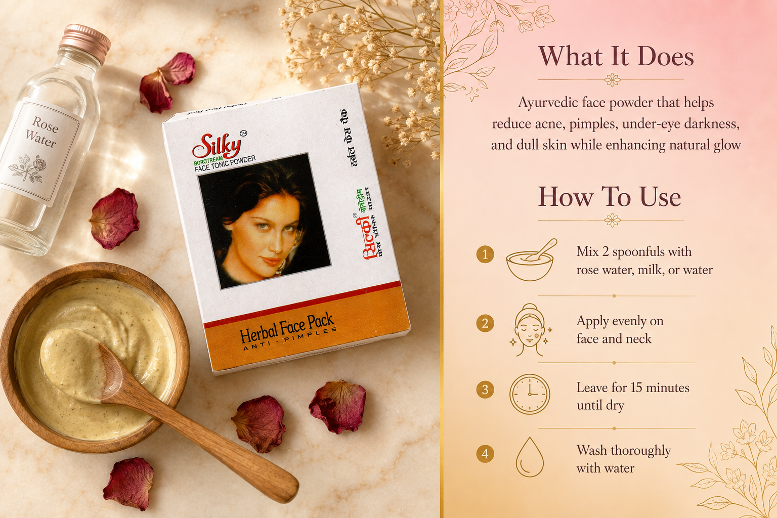 Silky Face Tonic Powder flat-lay with rose water and mixed paste, showing What It Does and How To Use panel