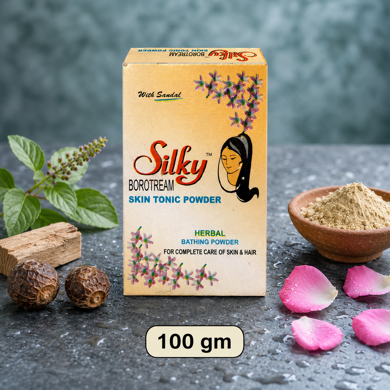 Silky Skin Tonic Powder 100gm - Ayurvedic herbal bathing powder with tulsi, sandalwood and rose petals