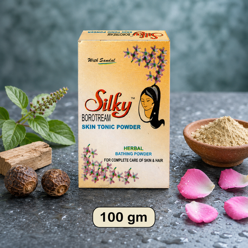 Silky Skin Tonic Powder 100gm - Ayurvedic herbal bathing powder with tulsi, sandalwood and rose petals