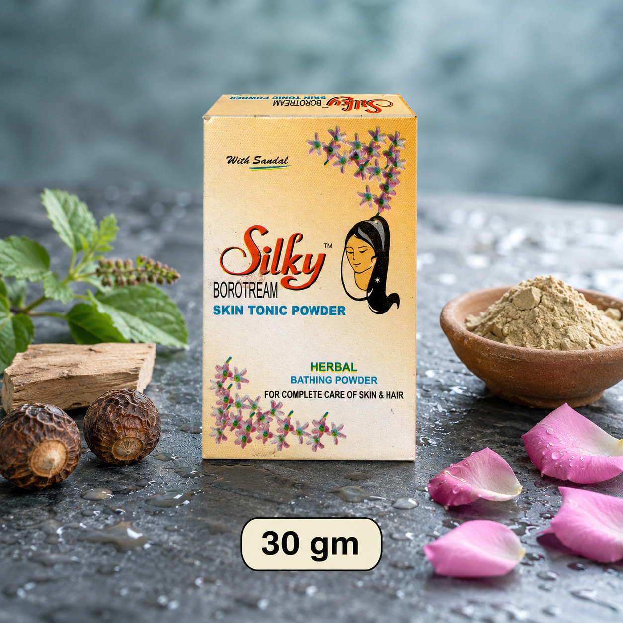 Silky Skin Tonic Powder 30gm - Ayurvedic herbal bathing powder with tulsi, sandalwood and rose petals